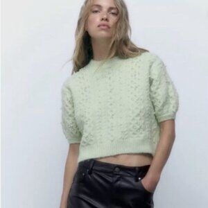 Zara Faux Pearl Embellished Crew Neck Fuzzy Knit Sweater Mint Green Size Medium